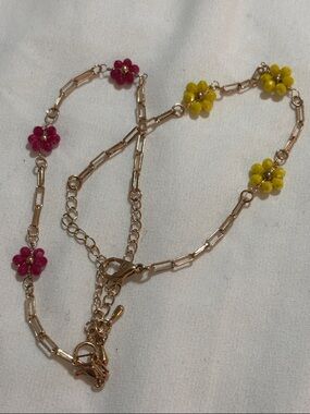 Gold Chain Necklace with Pink and Yellow Floral Accents Set of 2 adjustable size